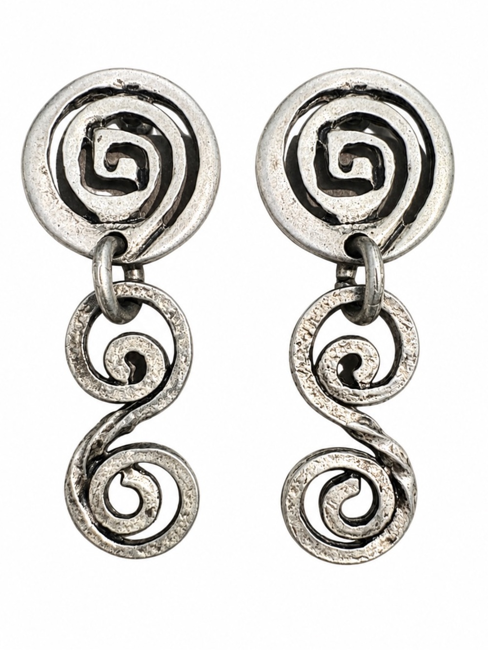 Silver Tone Swirl Spiral Dangle Earrings Antiqued Statement